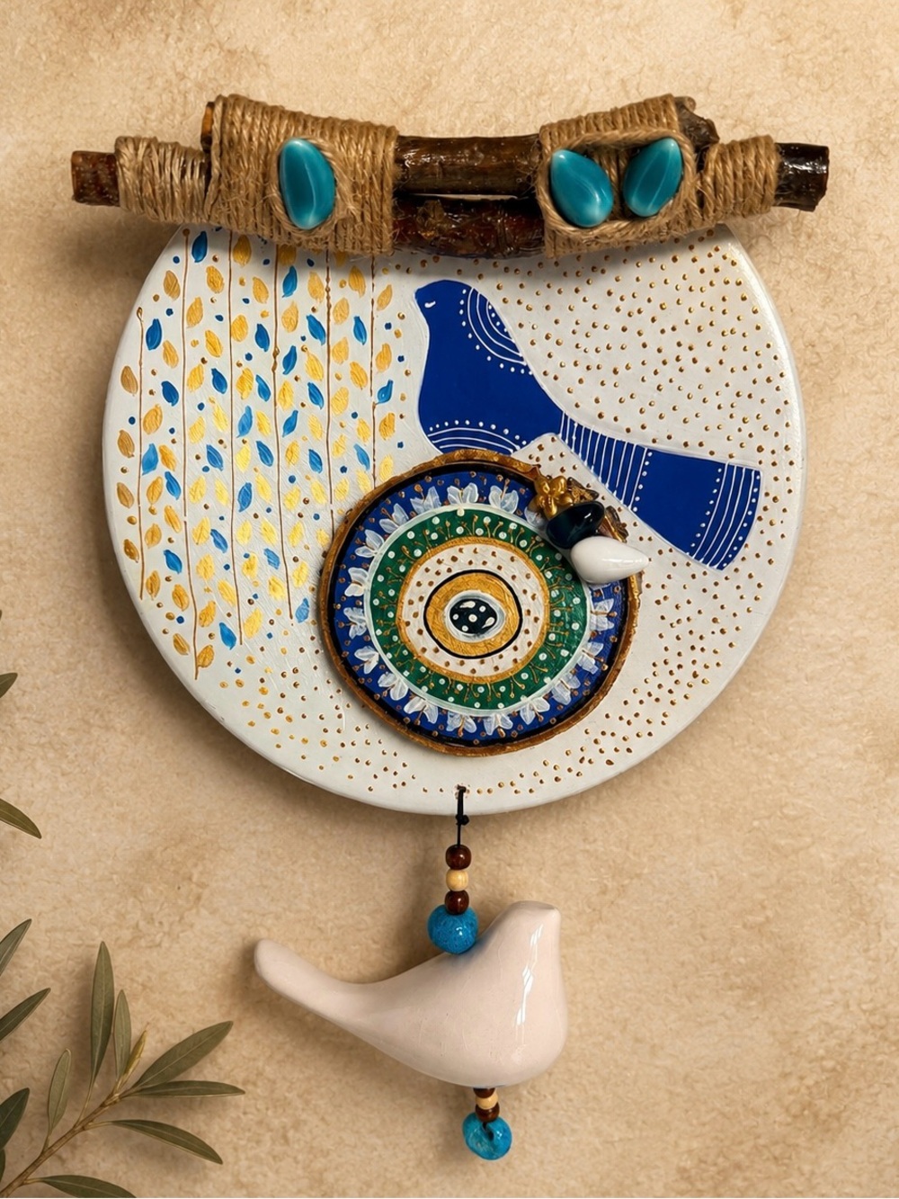 Evil Eye Wall Hanging Ceramic Wood Nazar Bird Boho Protection Art Home Decor